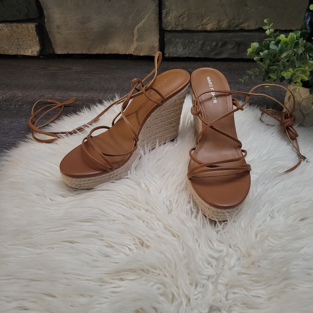 MARC FISHER KYLE WOMENS  LEATHER LACE UP ESPADRILLE WEDGES SIZE 8.5 - Picture 4 of 14